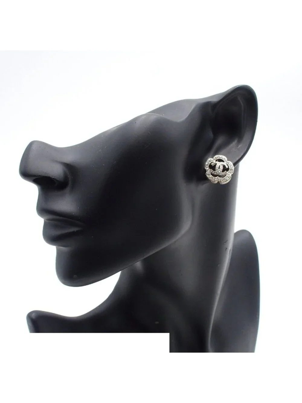 Chanel Earrings Silver Metal Flower Motif CC Logo Rhinestone Costume